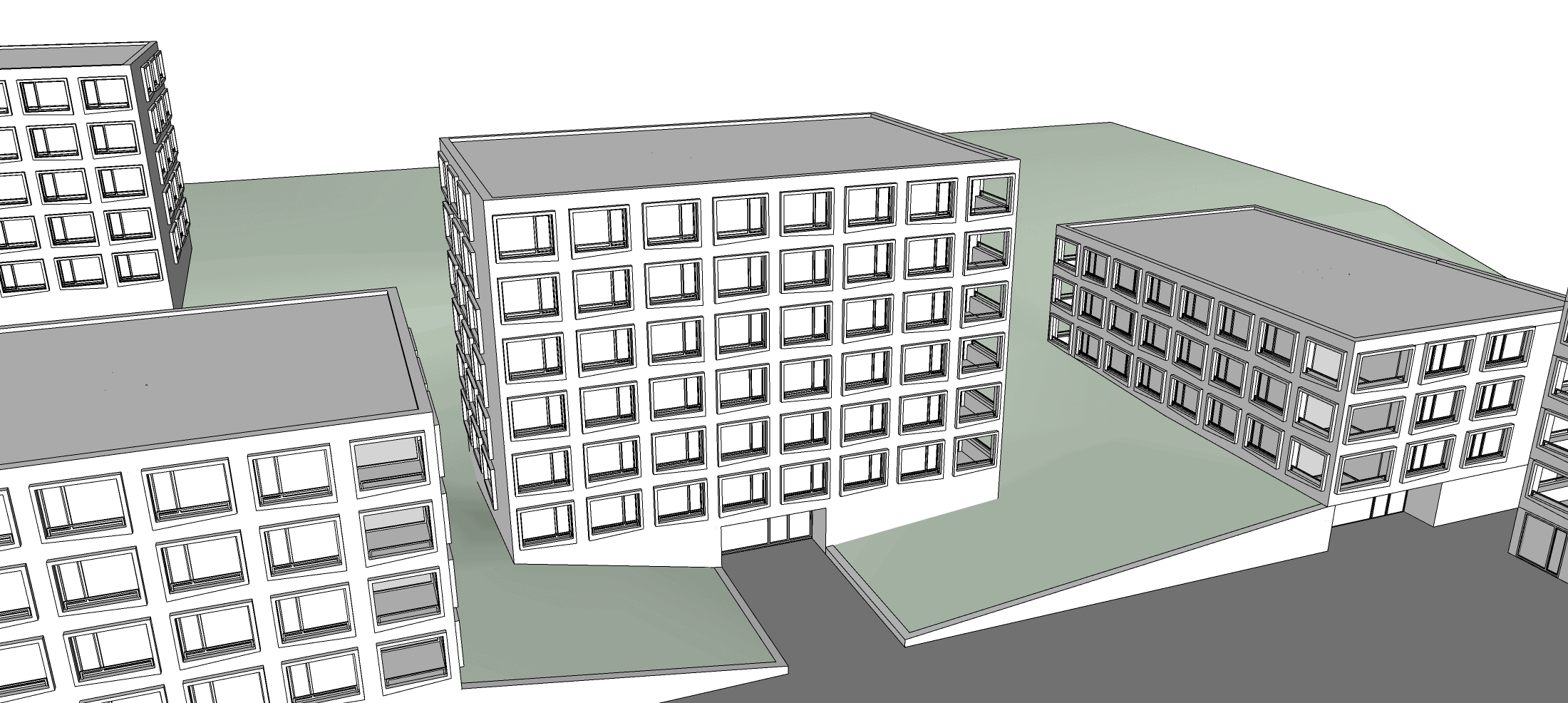 Architekturmodell einer Ansammlung moderner, blockförmiger Gebäude mit mehreren Stockwerken, schlichtem Design und einheitlichen Fenstern vor schlichtem Hintergrund.