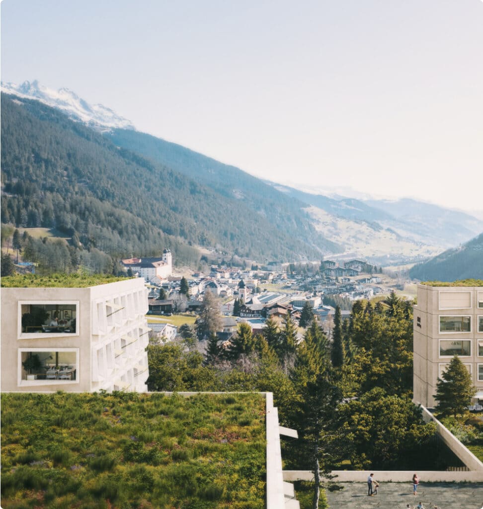 Ein malerischer Blick auf die Stadt, geschmückt mit wunderschönen grünen Dächern, der ein innovatives Projekt präsentiert.