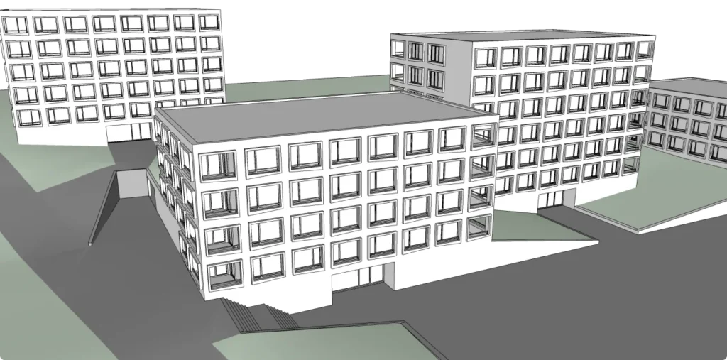 A 3D model of a secondary residence building in a city.